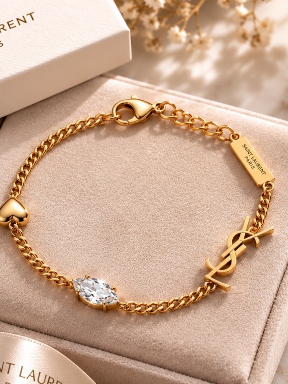 Gold Heart & YSL Logo Chain Bracelet with Clear Crystal